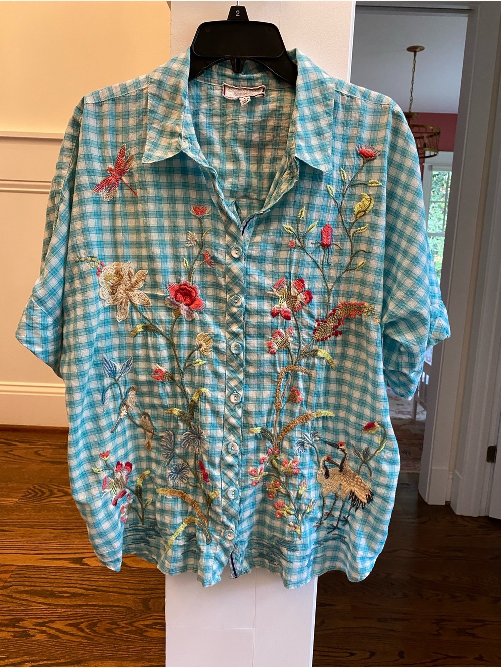 Johnny Was Turquoise Gingham Embroidered Button-Front Blouse , great condition! - Picture 2 of 16